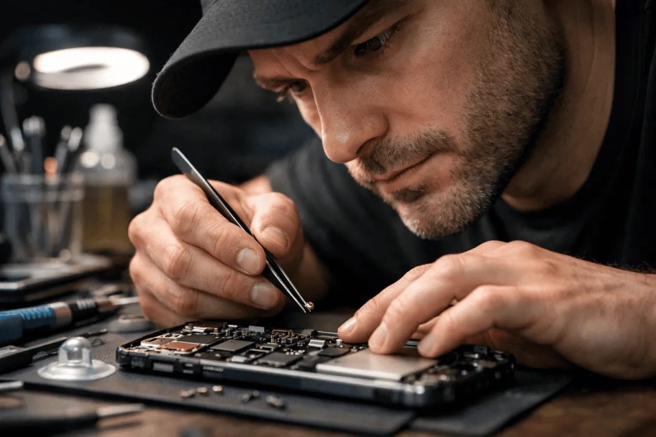 Technician repairing a smartphone at component level